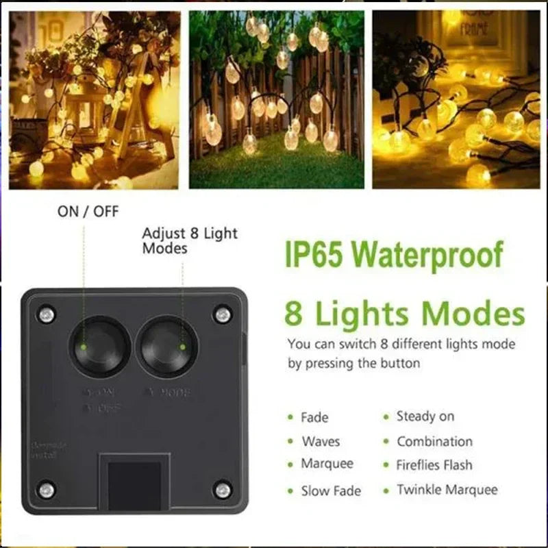 DecorBites™ Crystal Fairy Solar String Lights: 8 Modes Waterproof Outdoor Patio Decor.