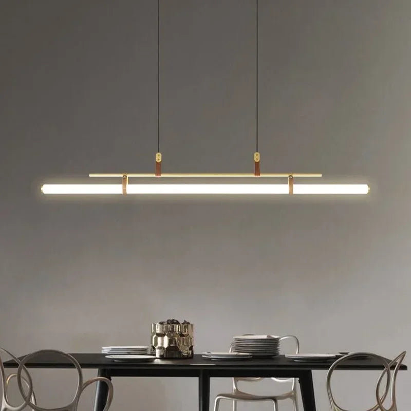 DecorBites™ Eden Modern Black Gold Leather Tube LED Pendant Chandelier