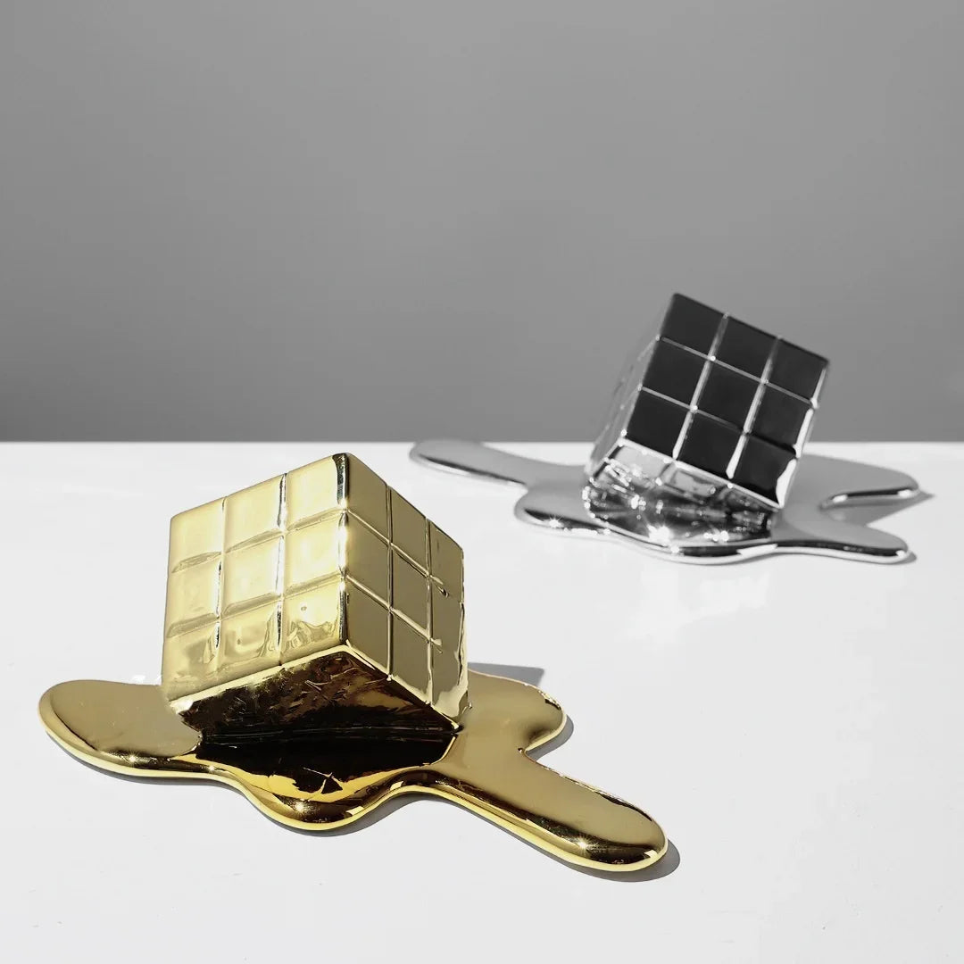 DecorBites™ Geometric Gold Resin Cube - Modern Checked Square Decor Figurine