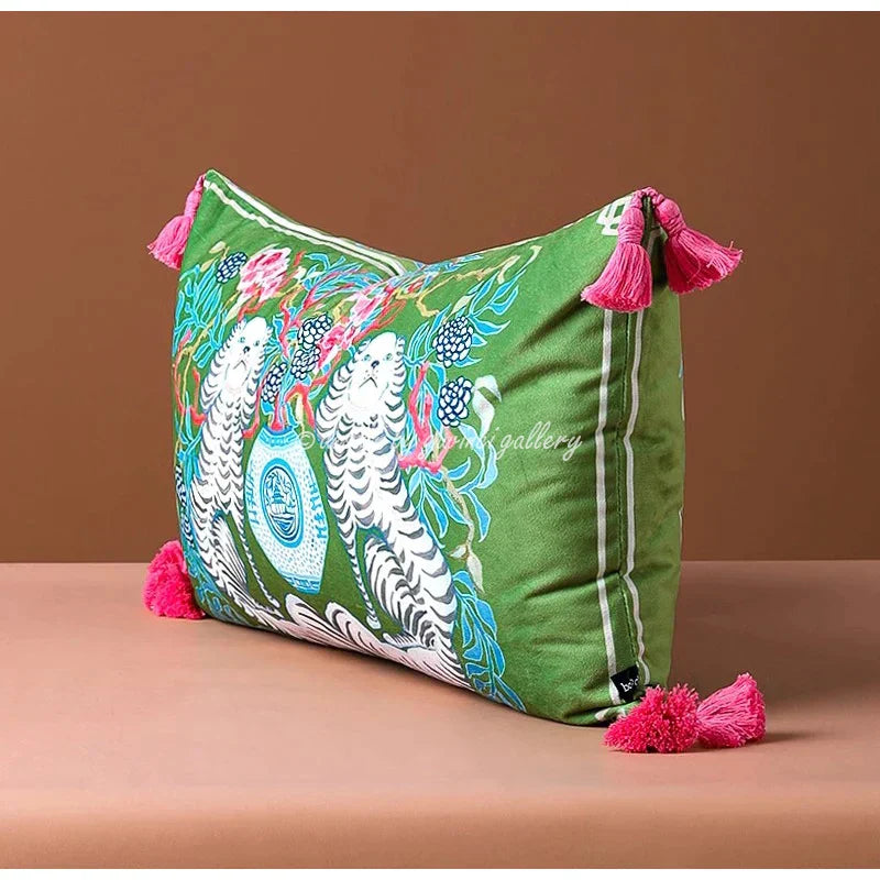 DecorBites™ Handmade Lumbar Pillow Case Lion Dog Floral Decorative Cover