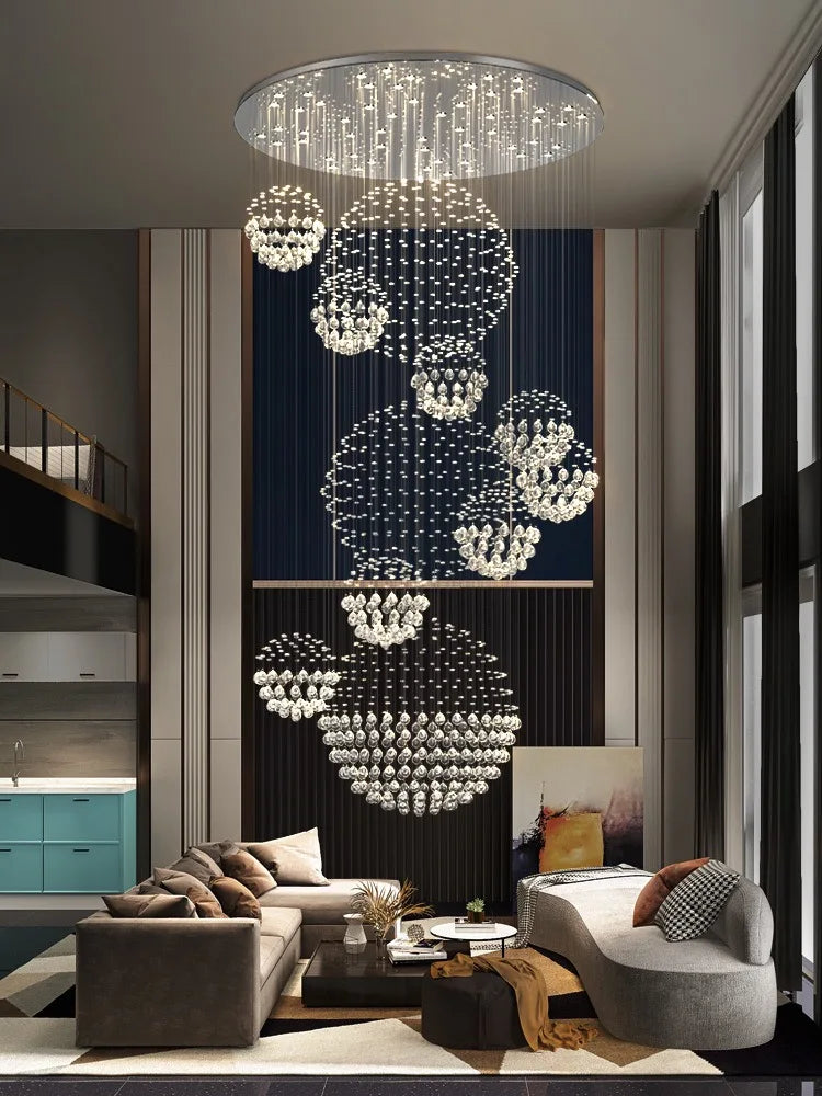 DecorBites™ Crystal Ball Chandelier: Modern LED Spiral Pendant Light for Staircase, Living Room, Lobby