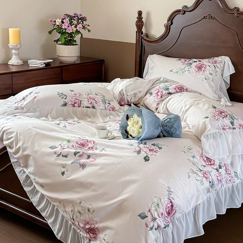 DecorBites™ French Flowers Lace Ruffles Princess Bedding Set with Bed Sheet Pillowcases