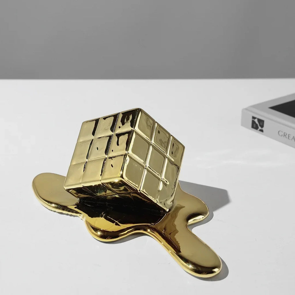 DecorBites™ Geometric Gold Resin Cube - Modern Checked Square Decor Figurine
