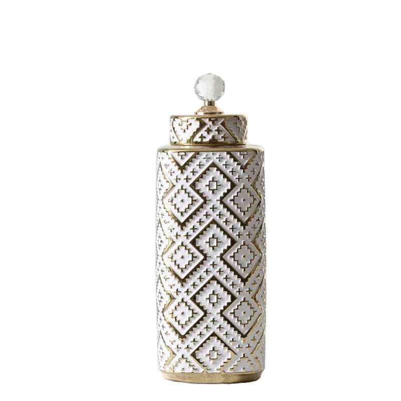 DecorBites™ Geometric Golden Relief Decorative Jar - Ceramic Crystal Vase Storage Jar