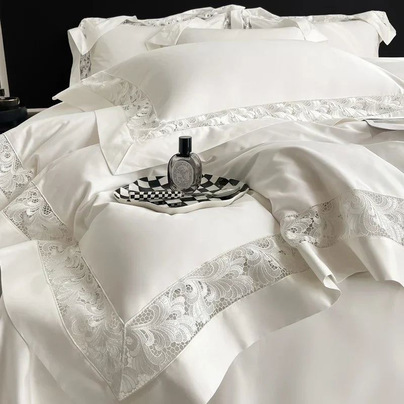 DecorBites™ Lace Embroidery 1200TC Egyptian Cotton 4Pcs Bedding Set with Wide Hollow Design