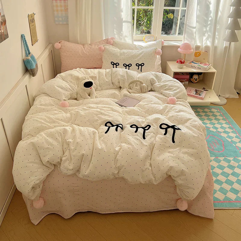 DecorBites™ Korean Princess Bow Lattice Pompom Bedding Set - Single Queen Size