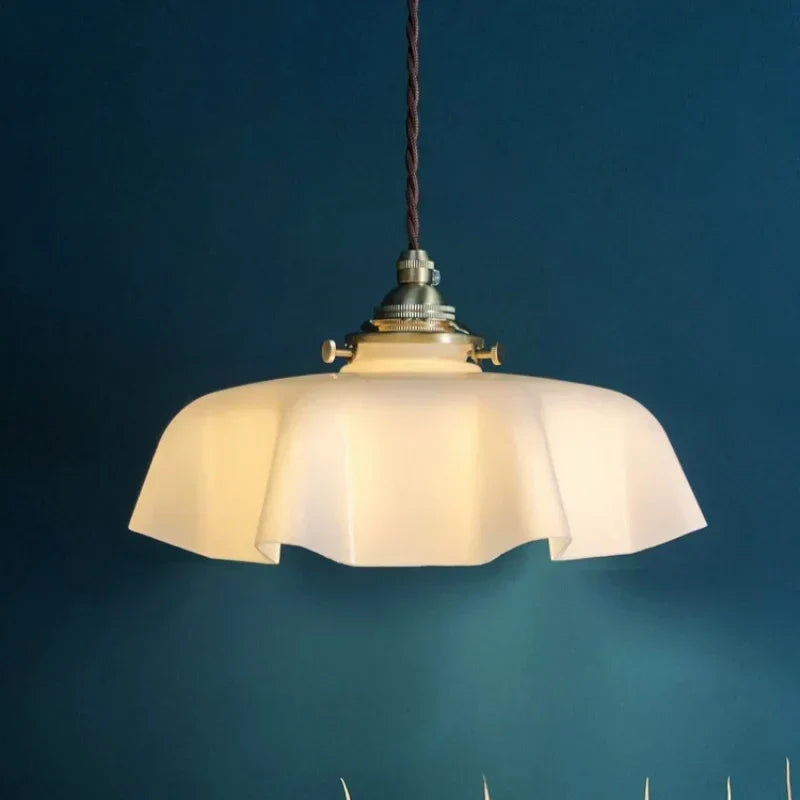 Vintage ruffled cream glass copper pendant lamp kitchen