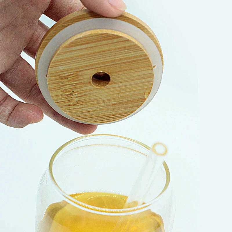 DecorBites™ Glass Cup Set with Bamboo Lid: Bubble Tea, Coffee, Wine, Milk Tea Mug.