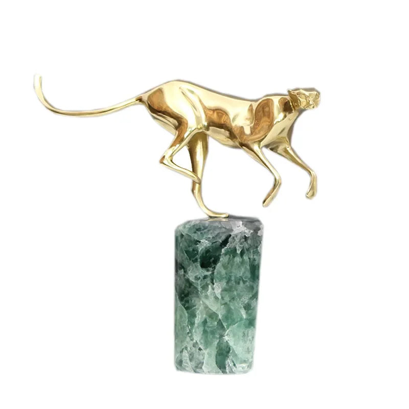 DecorBites™ Golden Leopard Brass Cheetah Figurine Green Marble Base Metal DecorAccessory