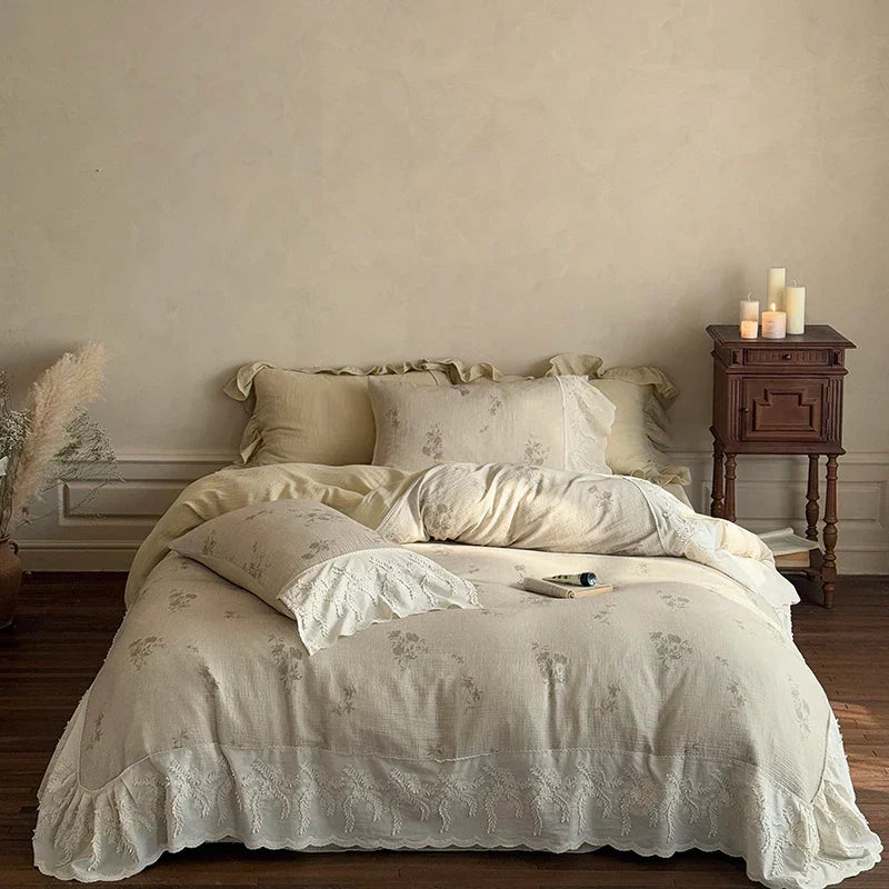 DecorBites™ French Lace Flowers Bedding Set, 100% Cotton Double Layer, Soft Duvet Cover, Bed Sheet, Pillowcases