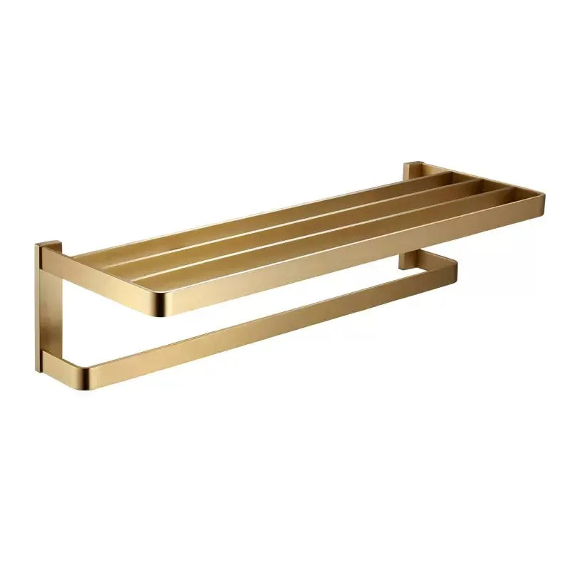 DecorBites™ Brass Bath Hardware Set: Shelf, Towel Rack, Paper & Toilet Brush Holder in Brushed Gold