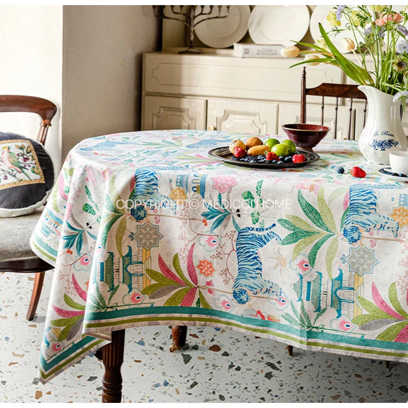 DecorBites™ Jungle Vibes Tablecloth: Tiger Plants & Pagoda Print for Kitchen Garden
