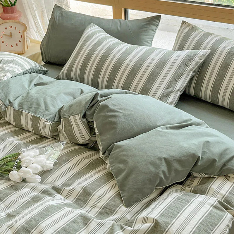 DecorBites™ Cotton Striped Bedding Set Yarn Dyed Washed Duvet Cover Single Bedclothes