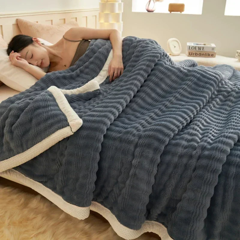 DecorBites™ Cozy Rabbit Plush Blanket: Soft Striped Warm Sofa Throw, Absorbent Breathable Nap Blanket