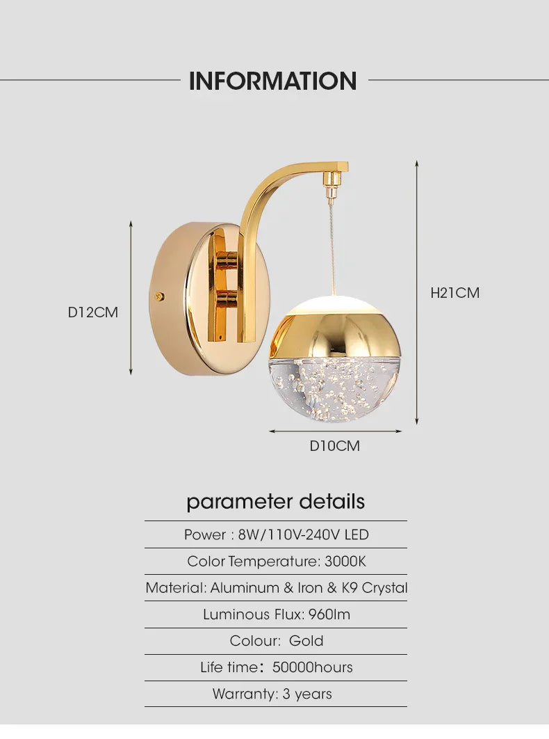 DecorBites™ Gold Crystal Bubble Wall Sconce Light for Home Bedroom Decor