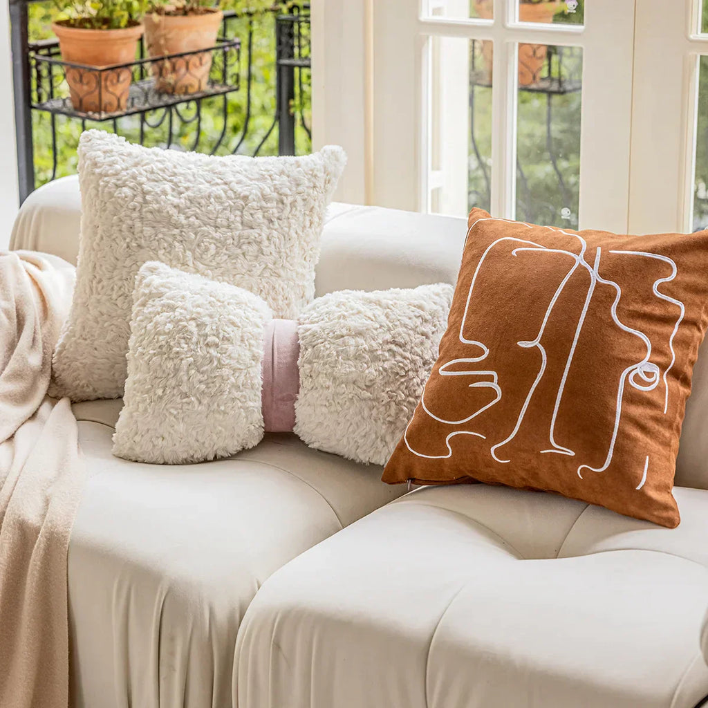 DecorBites™ Geometric Embroidery Plush Cushion Cover Brown Decorative Sofa Pillow Case