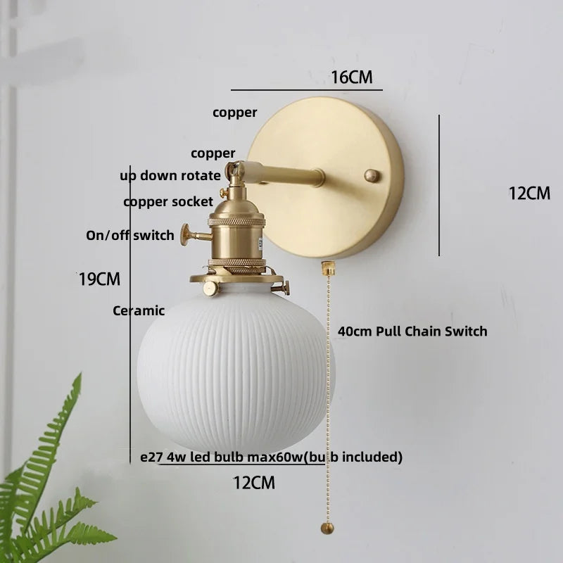DecorBites™ Copper LED Sconce Wall Lamp Pull Chain Switch Nordic Modern Ceramic Mirror Light