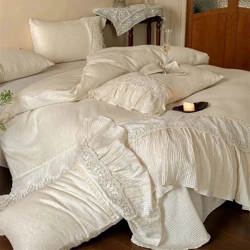 DecorBites™ French Lace Ruffle Embroidery Bedding Set with Natural Health Skin Fabric