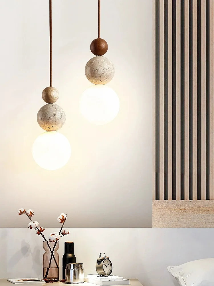 DecorBites™ Cream Style LED Pendant Lamp for Bedroom, Stone Wood Design