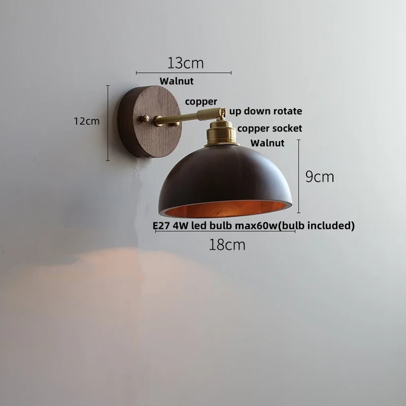 DecorBites™ Copper Lampshade LED Wall Sconce Pull Chain Switch Nordic Modern Walnut Wood Mirror Light