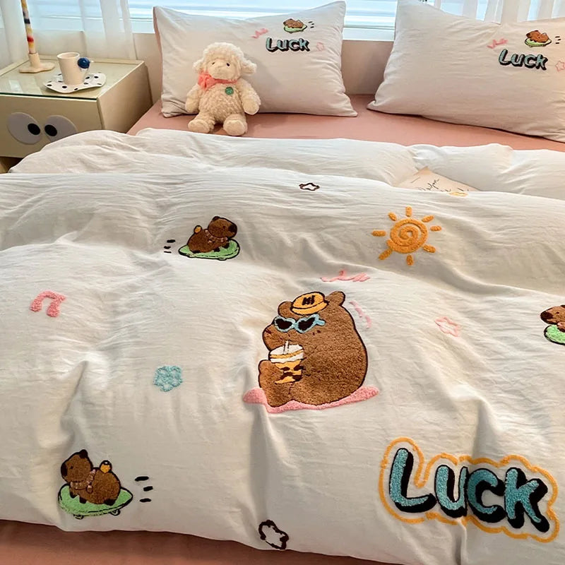 Cartoon pattern embroidered cream bedding sets bedroom decor luck