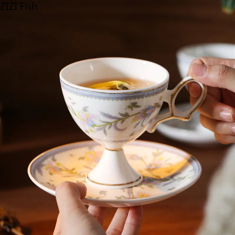 DecorBites™ Gold Flower Ceramic Cup & Saucer Set - Elegant Goblet Mugs for Coffee, Tea, Juice