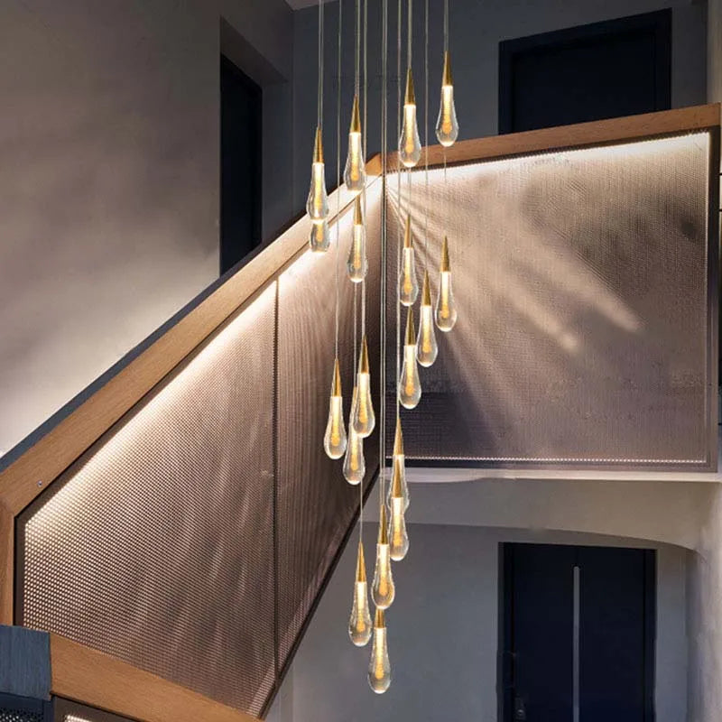 DecorBites™ Crystal Tear Drop Chandelier: Gold LED Pendant Light for Villa Staircase and Living Room