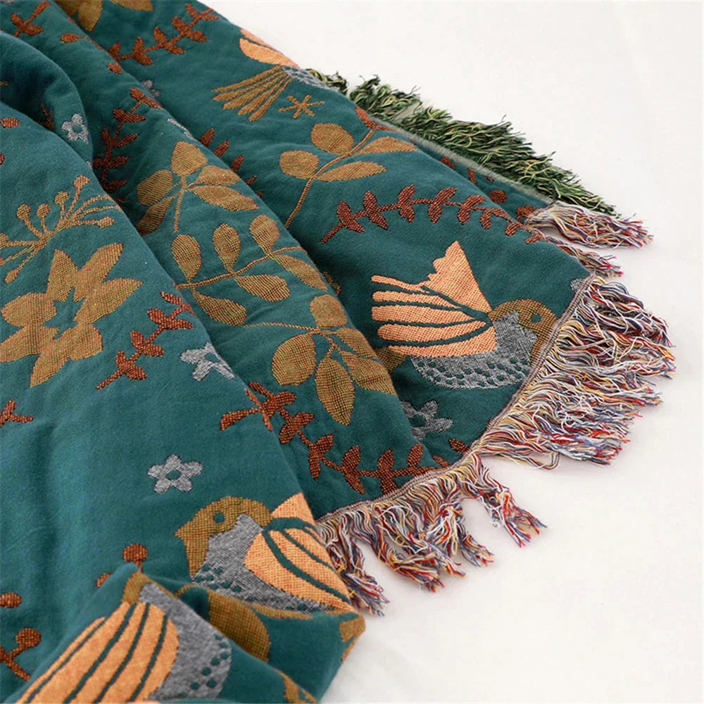 DecorBites™ Birds Jacquard Cotton Gauze Sofa Cover - Non-Slip Blanket for All Seasons