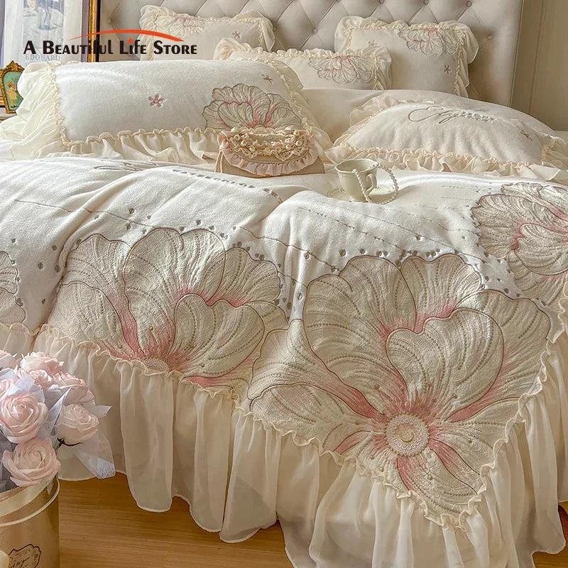 DecorBites™ French Princess Wedding Bedding Set, Lace Ruffles, Flowers Embroidery.
