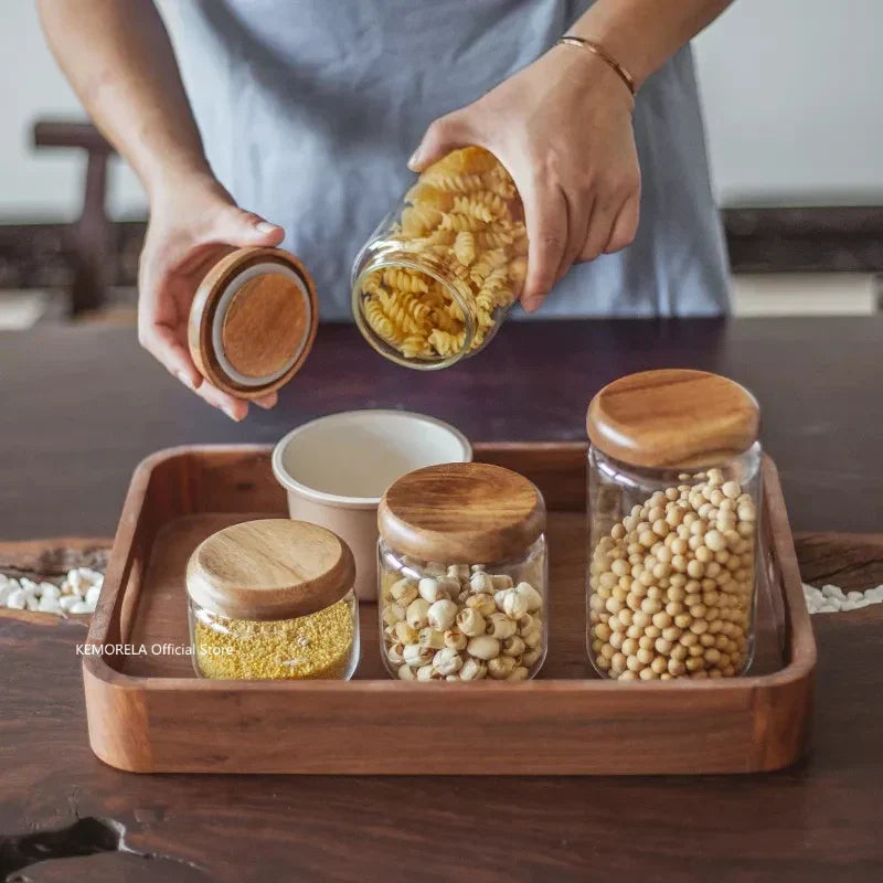 DecorBites™ Acacia Wood Lid Glass Food Storage Container - Elegant and Functional Kitchen Jar
