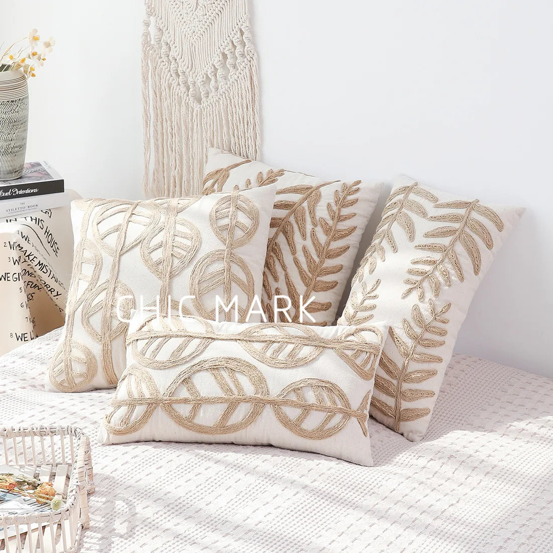 DecorBites™ Leaves Embroidered Pillow Cover - 45*45 Decorative Cushion for Living Room