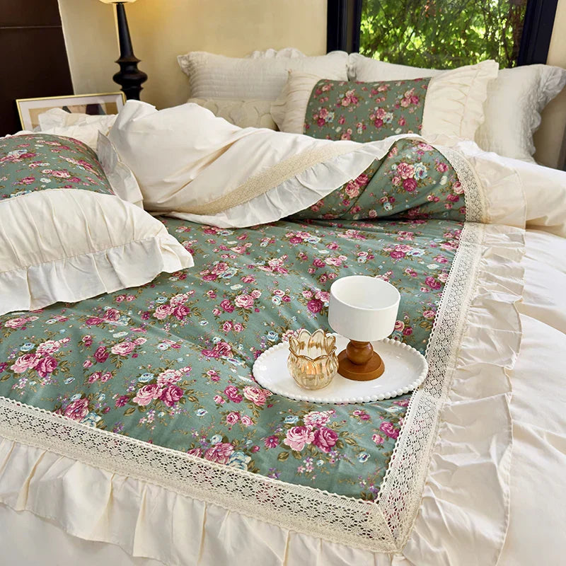 DecorBites™ French Flowers Lace Ruffles Cotton Bedding Set with Duvet Cover, Bed Skirt, and Pillowcases