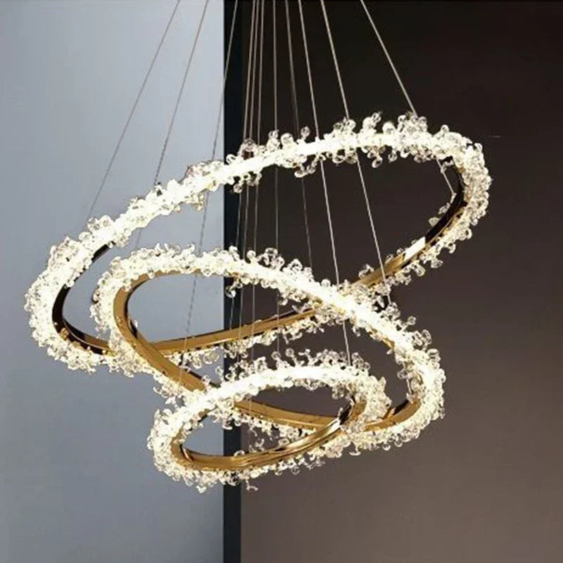 DecorBites™ Golden Round Crystal Chandelier | Nordic Luxury LED Halo Chandelier for Living Room
