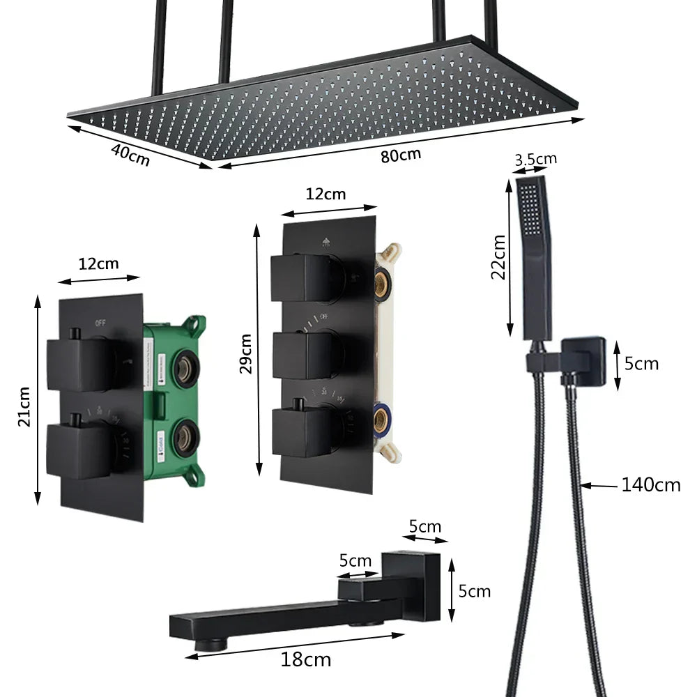 DecorBites™ Black Brass Thermostatic Shower Faucet with Ceiling Rainfall Shower Head
