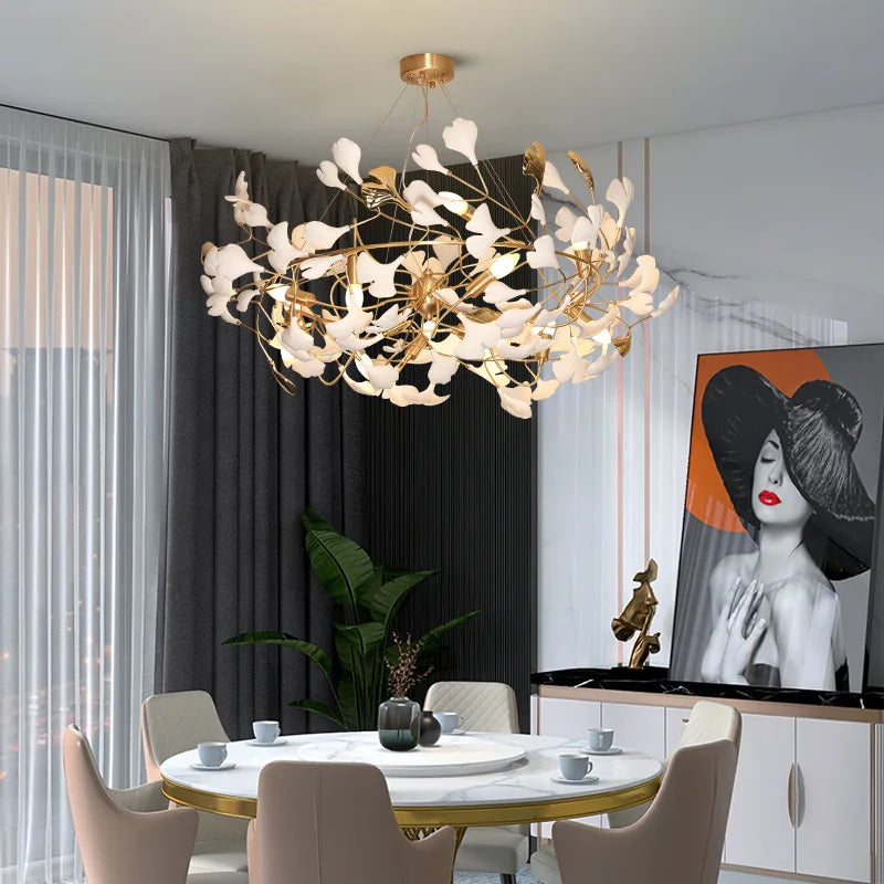 DecorBites™ Gold Branches Chandelier Porcelain Leaves Pendant Lights