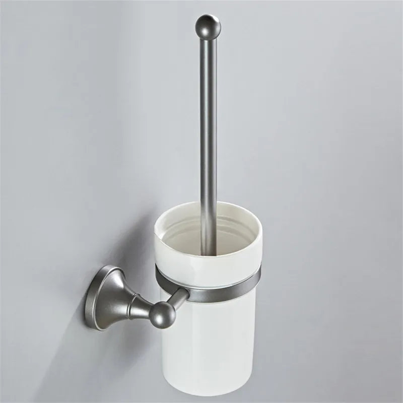 DecorBites™ Gray Bathroom Accessories Set: Towel Rack, Toilet Brush Holder, Shelf, Soap Dish