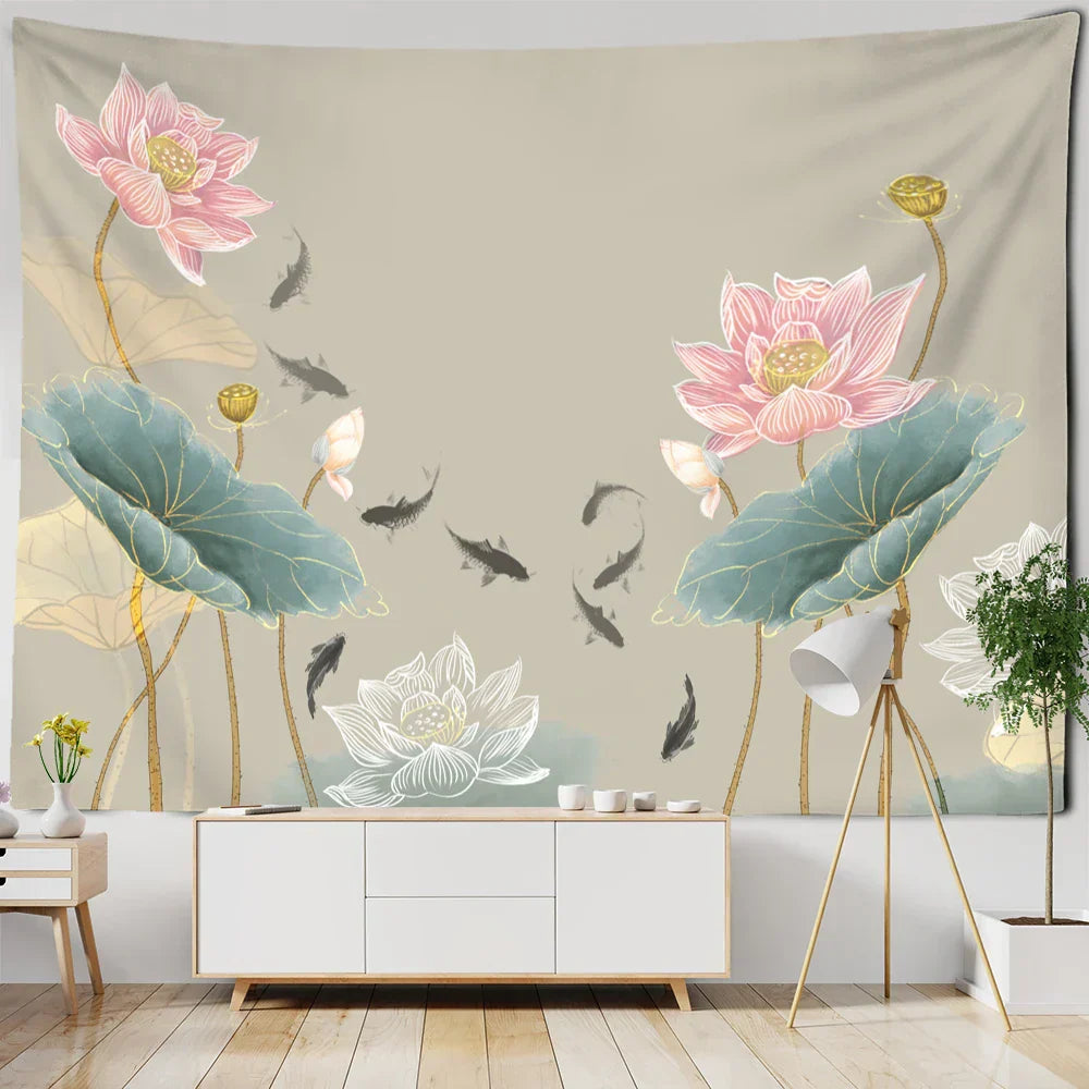 DecorBites™ Koi Lotus Ink Tapestry Wall Hanging - Bohemian Aesthetics Home Decor
