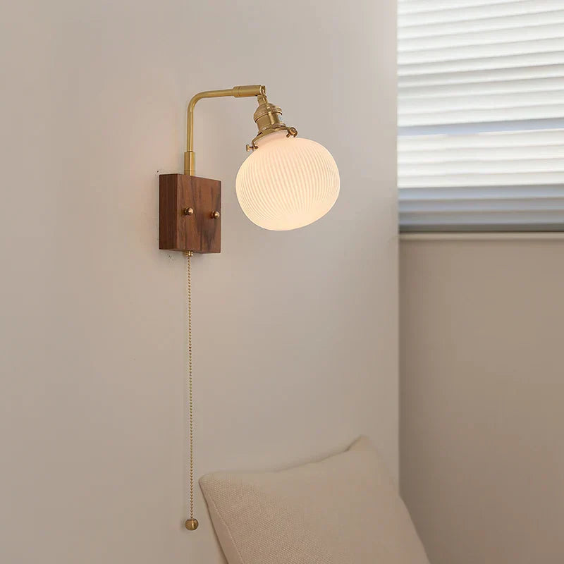 DecorBites™ Globe Ceramic LED Wall Lights Walnut Wood Sconce Rotatable Bedside Lamp