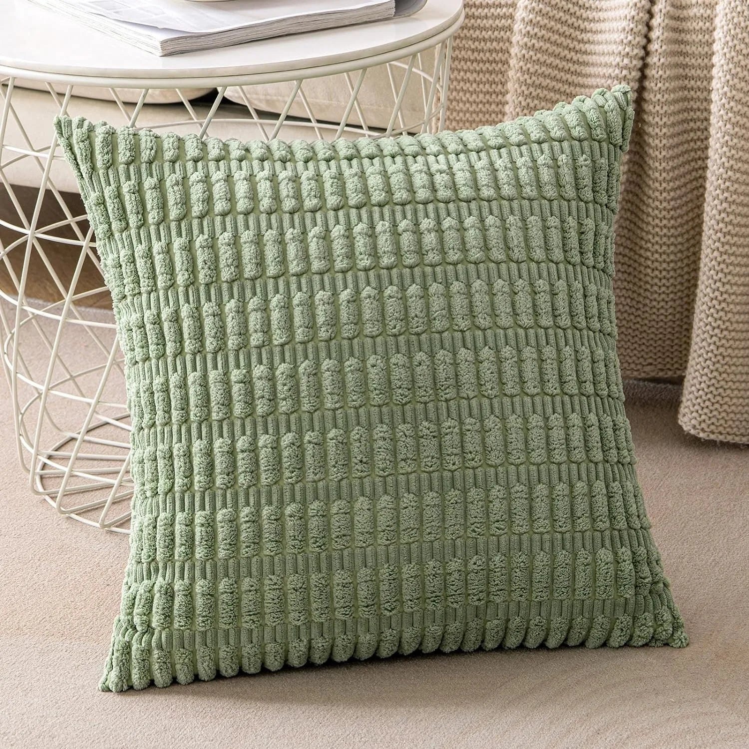 DecorBites™ Corduroy Striped Throw Pillow Covers | Soft White Decorative Square Cushion Case