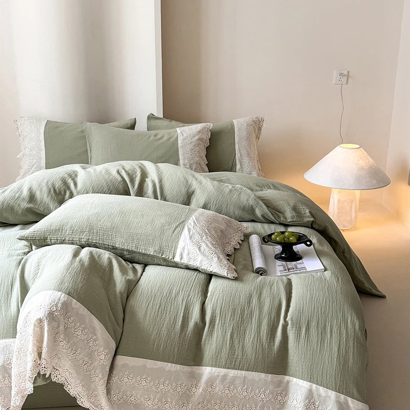 DecorBites™ French Lace Cotton Bedding Set: Duvet, Sheet, Pillowcases, 4Pc