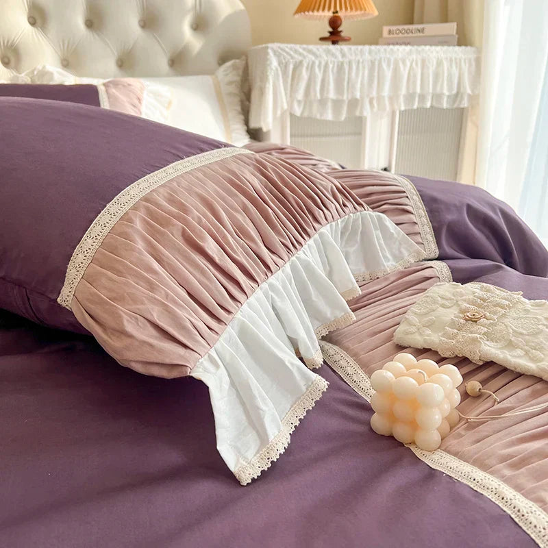 DecorBites™ Korean Princess Style Cotton Bedding Set with Pleated Ruffles and Soft Quilt Cover