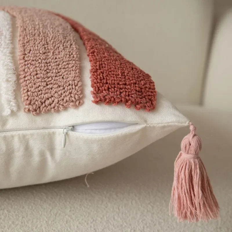 DecorBites™ Geometric Embroidered Loop Tufted Throw Pillow Covers - Pink Tufted Cushion Cover
