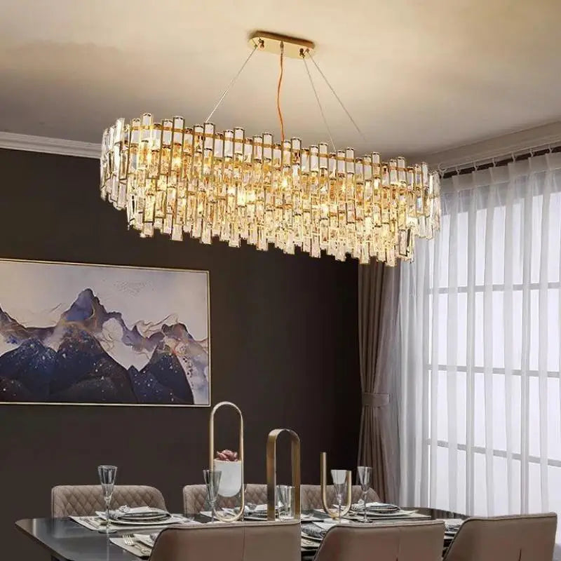 DecorBites™ Gold Steel Crystal Pendant Chandelier - Luxury LED Dining Room Hanging Lamp