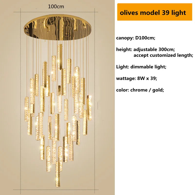 DecorBites™ Gold Chrome Steel Crystal Pendant Lights with Dimmable LED for Villa Stair