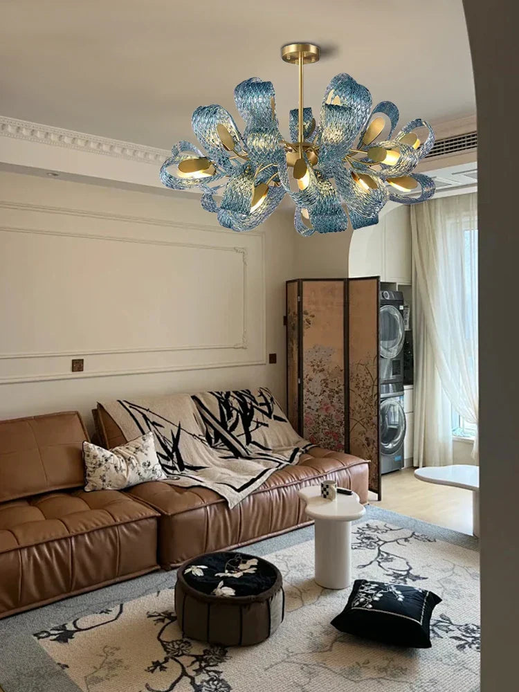 DecorBites™ Blue Glass Luxury Brass Ceiling Pendant Light - Creative Flower Design