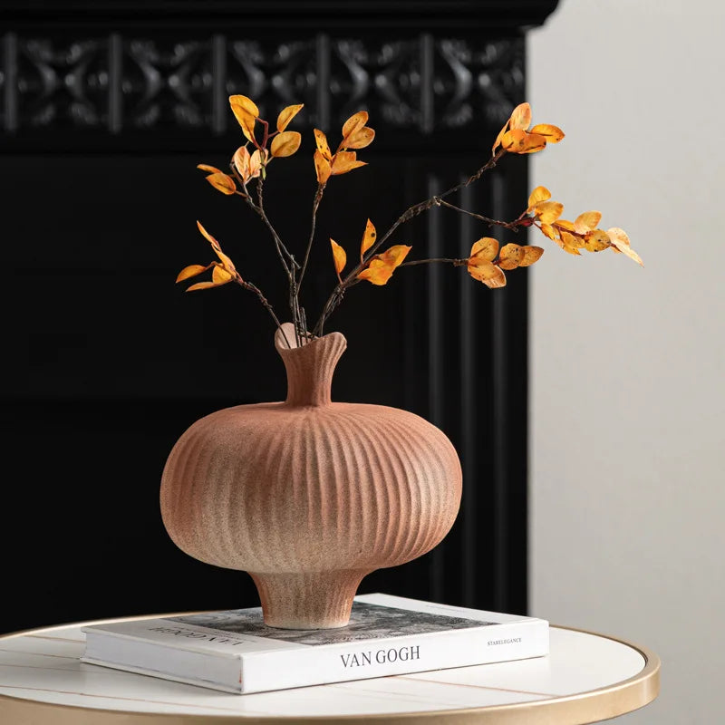 DecorBites™ Geometric Abstract Ceramic Flower Vase Bottle - Handcrafted Home Decor Pottery