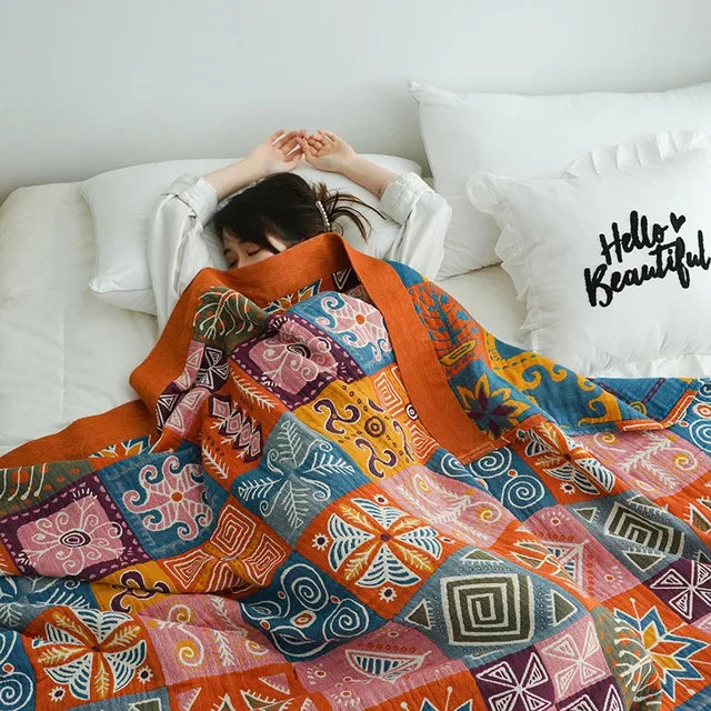 DecorBites™ Ethnic Cotton Blanket & Throw - Breathable Gauze Summer Quilt - Boho Decor Bedspread