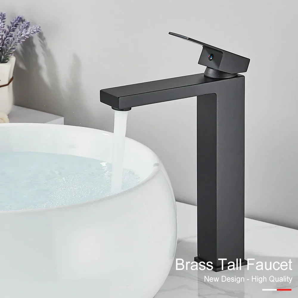 DecorBites™ Black Brass Square Basin Faucet: Bathroom Washbasin Mixer Tap, Single Handle Tall Model.
