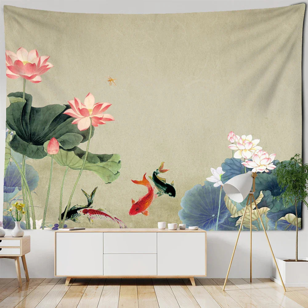 DecorBites™ Koi Lotus Ink Tapestry Wall Hanging - Bohemian Aesthetics Home Decor
