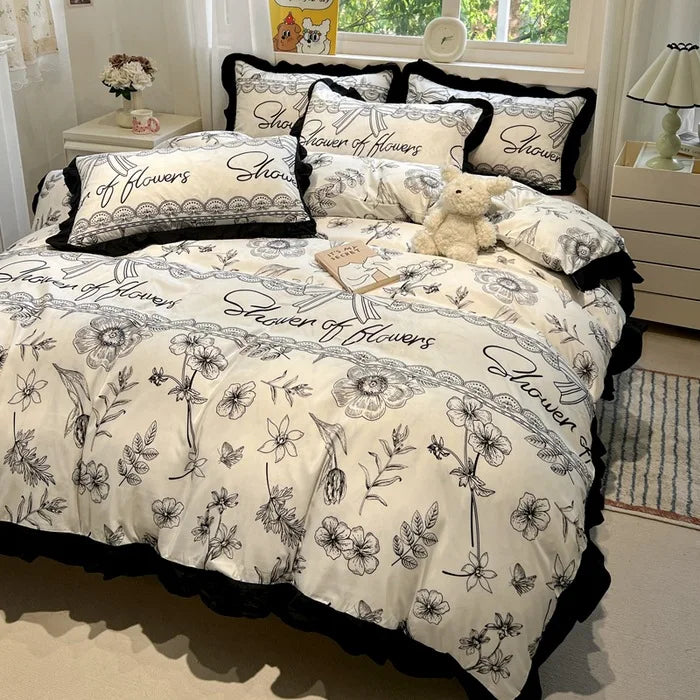 DecorBites™ Korean Black White Hepburn Style Bedding Set with Lace Fitted Sheet Set